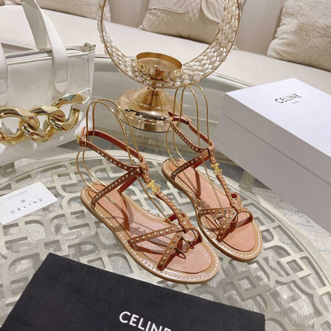 Celine Taillat Flat Sandal With Studs In Calfskin - Vegetal Tanning & Studs Tan - DesignerGu