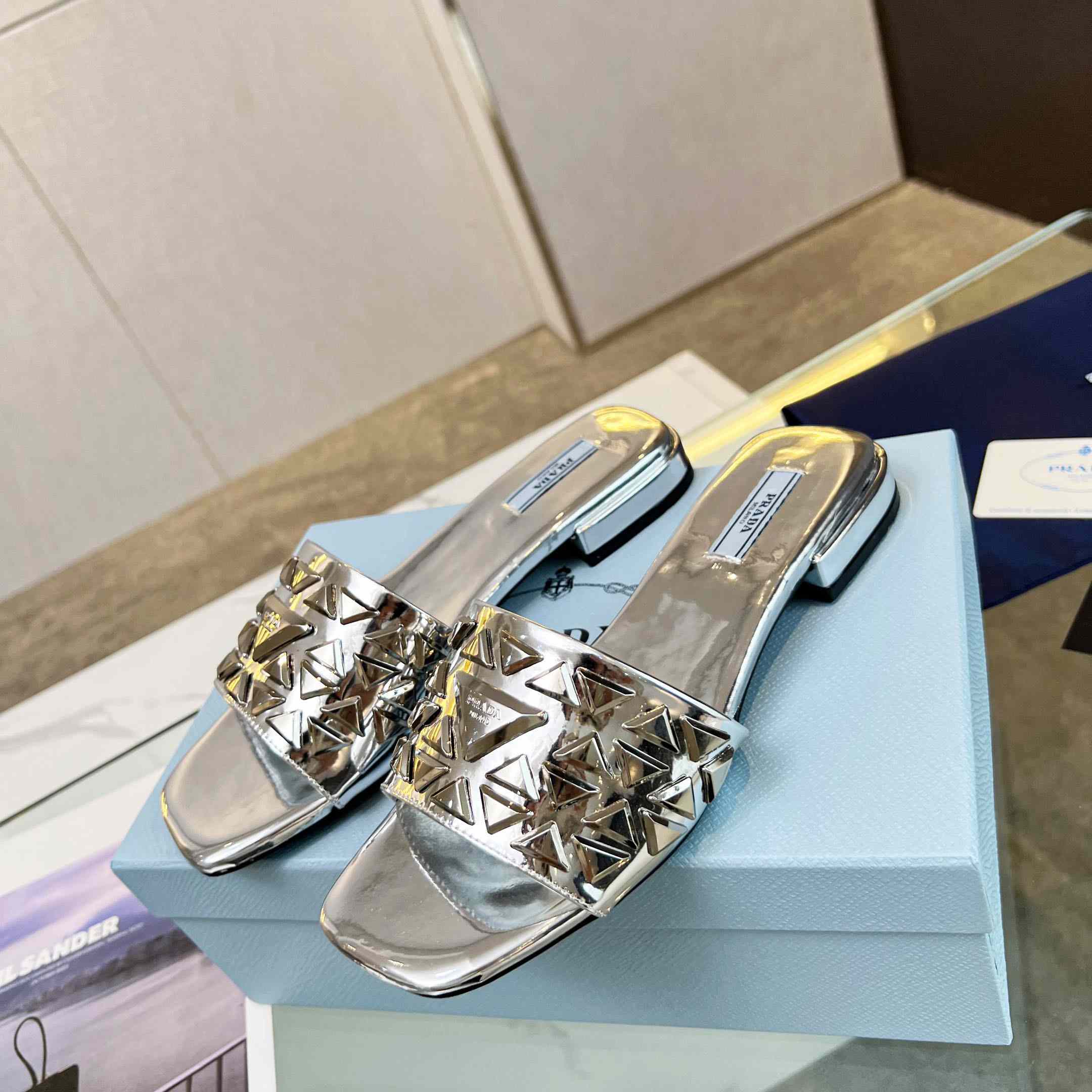 Prada Studded Metallic Leather Slides - DesignerGu