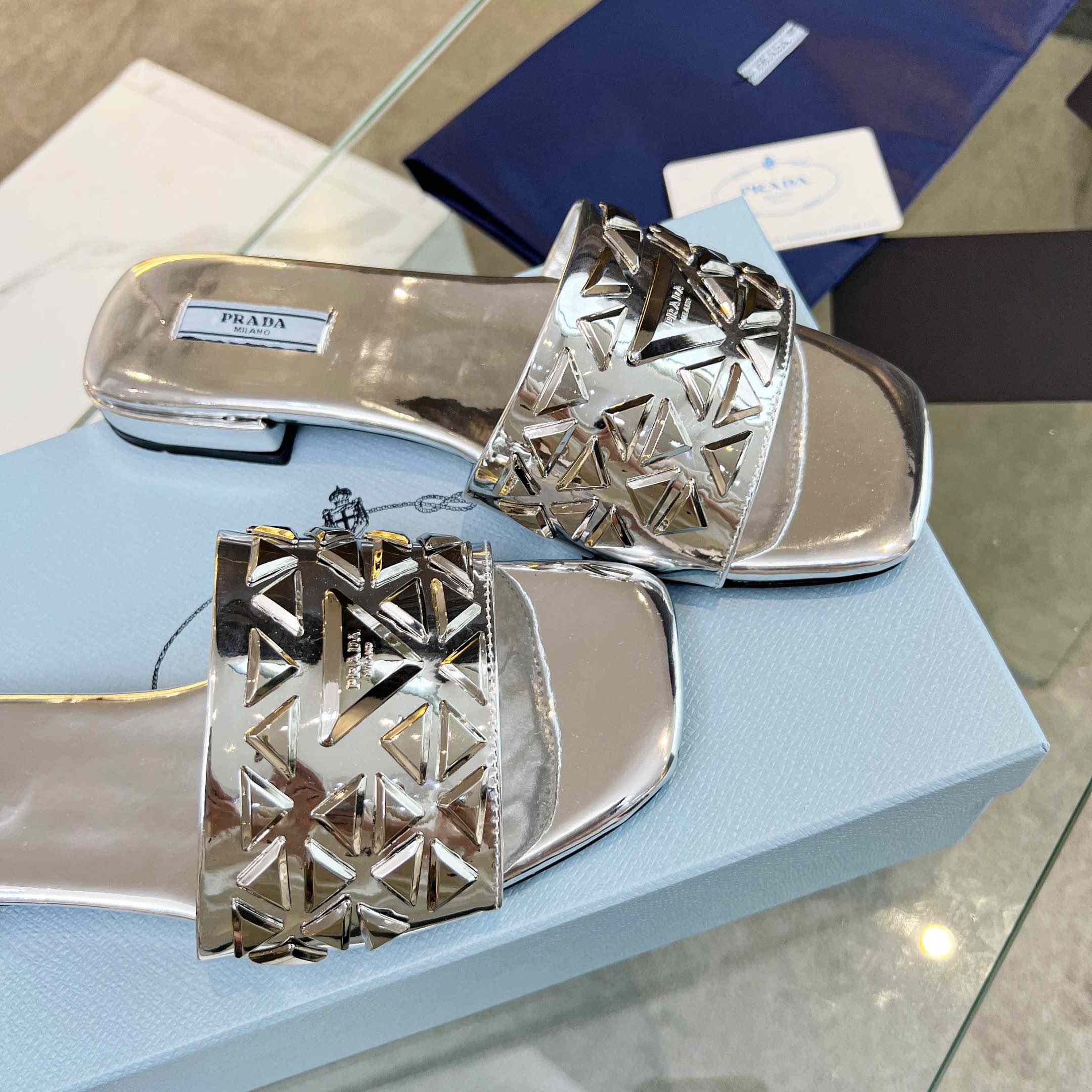 Prada Studded Metallic Leather Slides - DesignerGu