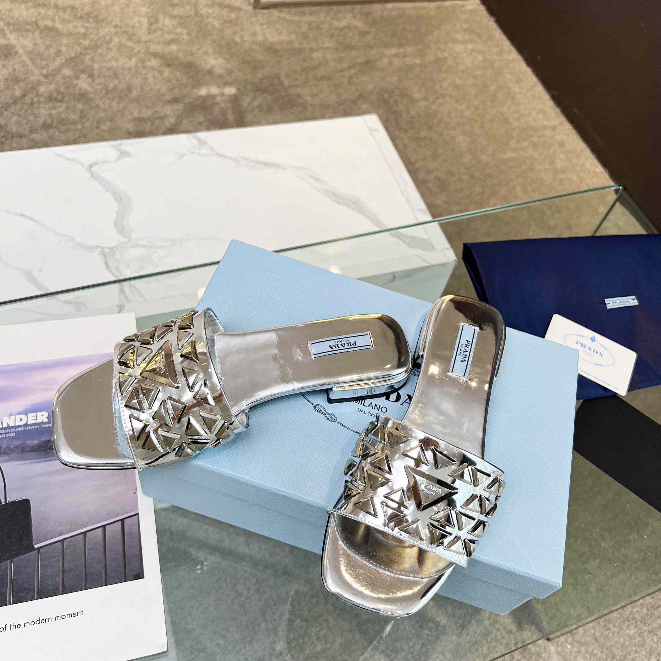 Prada Studded Metallic Leather Slides - DesignerGu