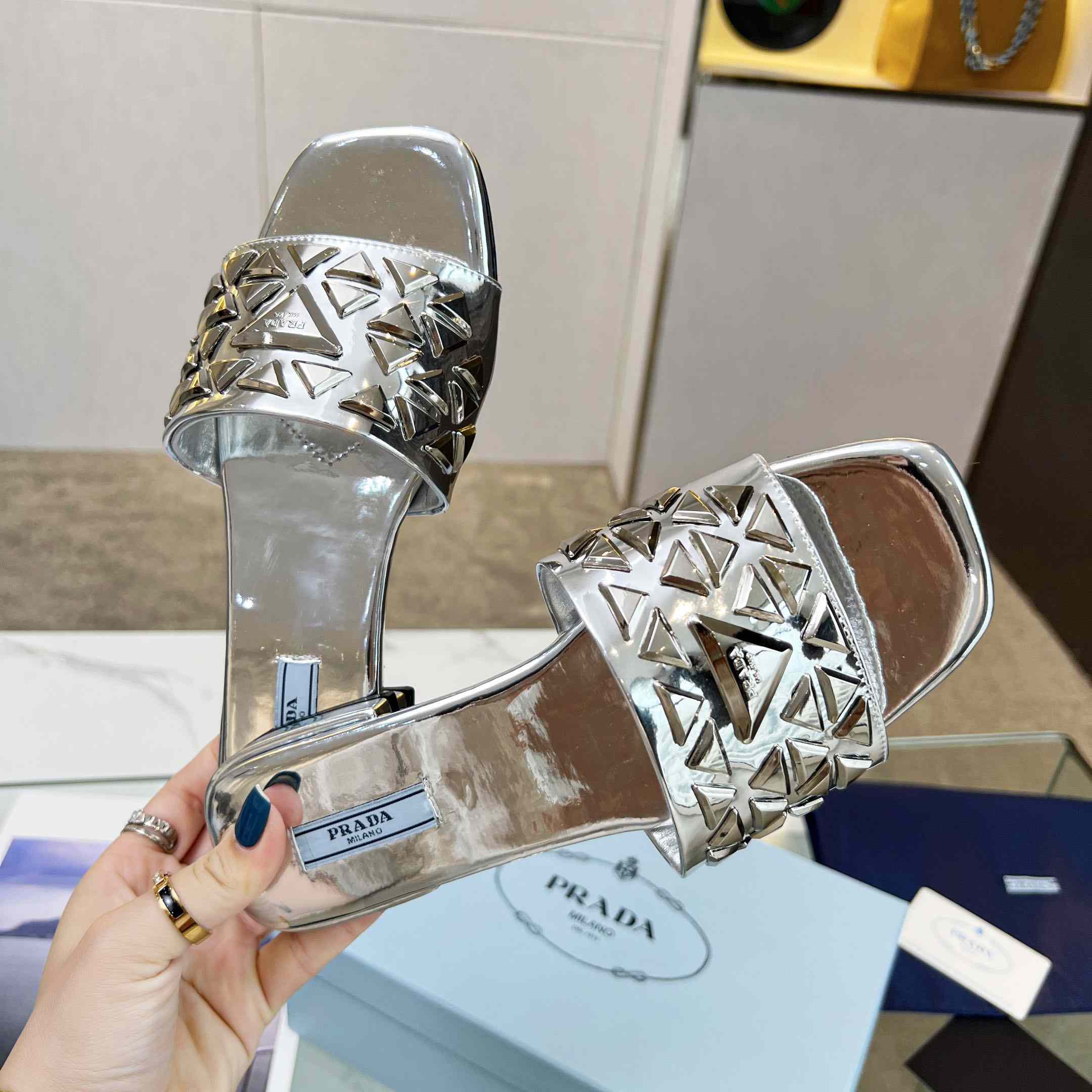 Prada Studded Metallic Leather Slides - DesignerGu