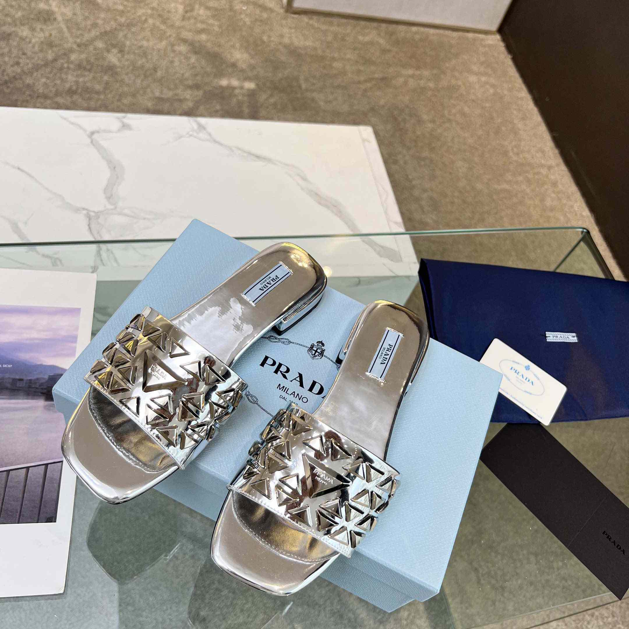 Prada Studded Metallic Leather Slides - DesignerGu