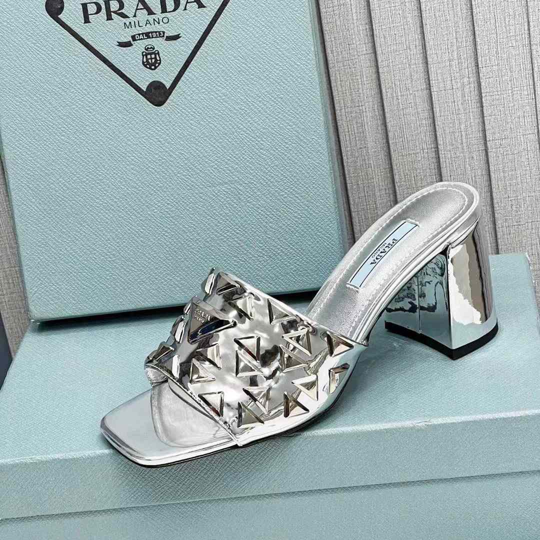 Prada Studded Metallic Leather Mules - DesignerGu