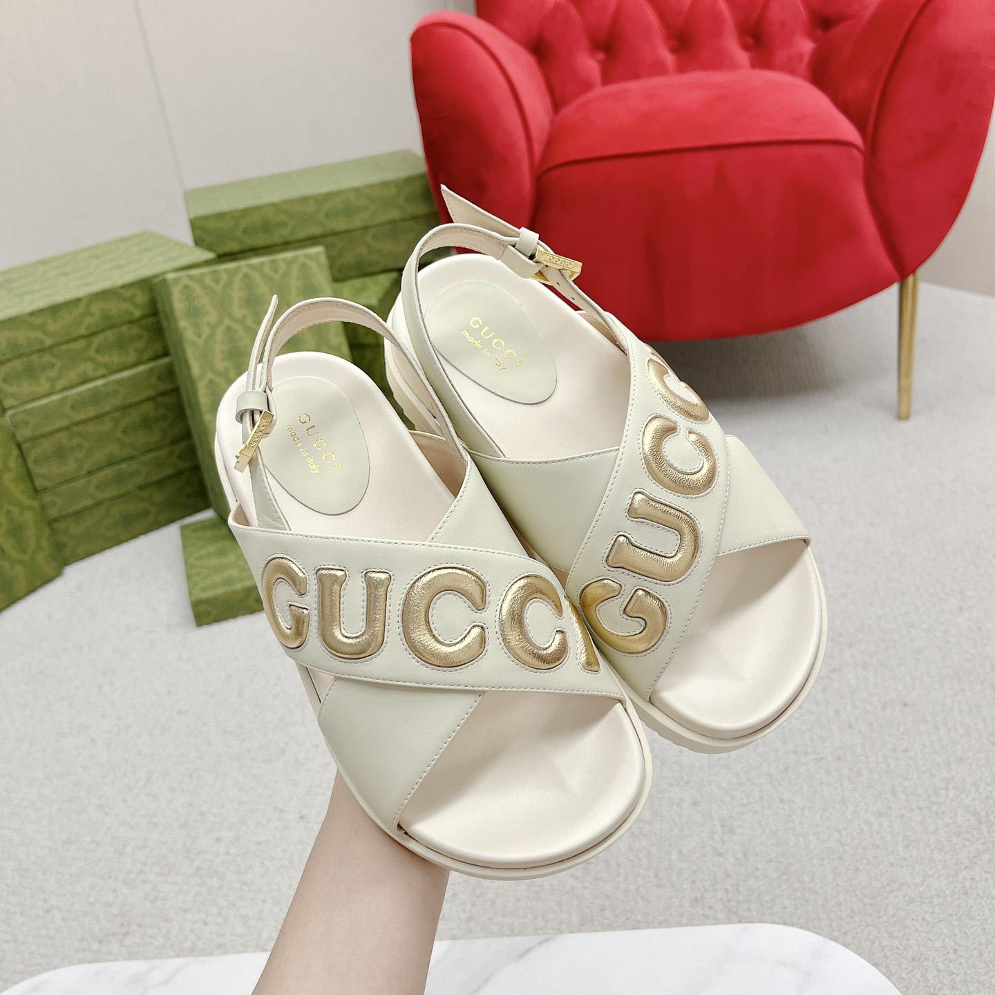 Gucci White Embossed Sandals - DesignerGu