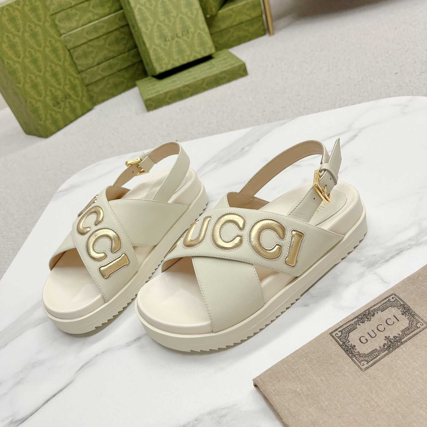 Gucci White Embossed Sandals - DesignerGu