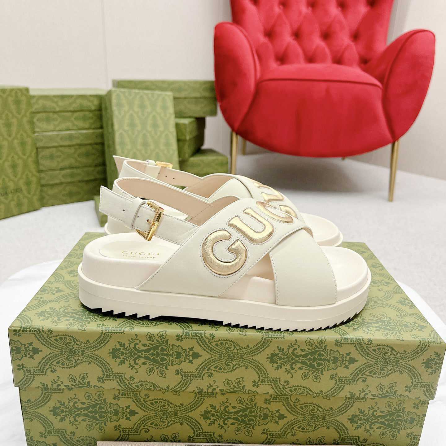 Gucci White Embossed Sandals - DesignerGu