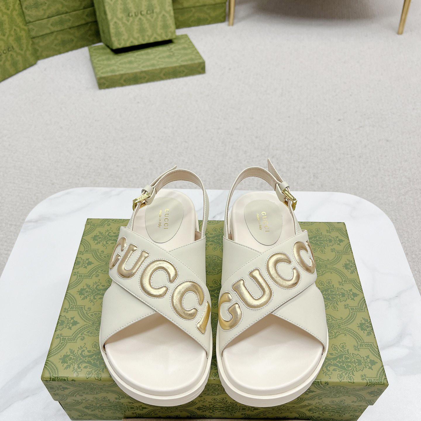 Gucci White Embossed Sandals - DesignerGu