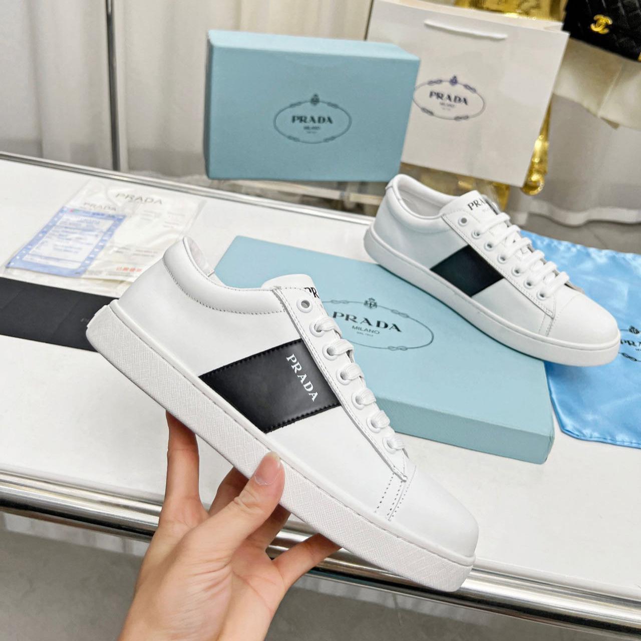 Prada Brushed Leather And Leather Sneakers - DesignerGu