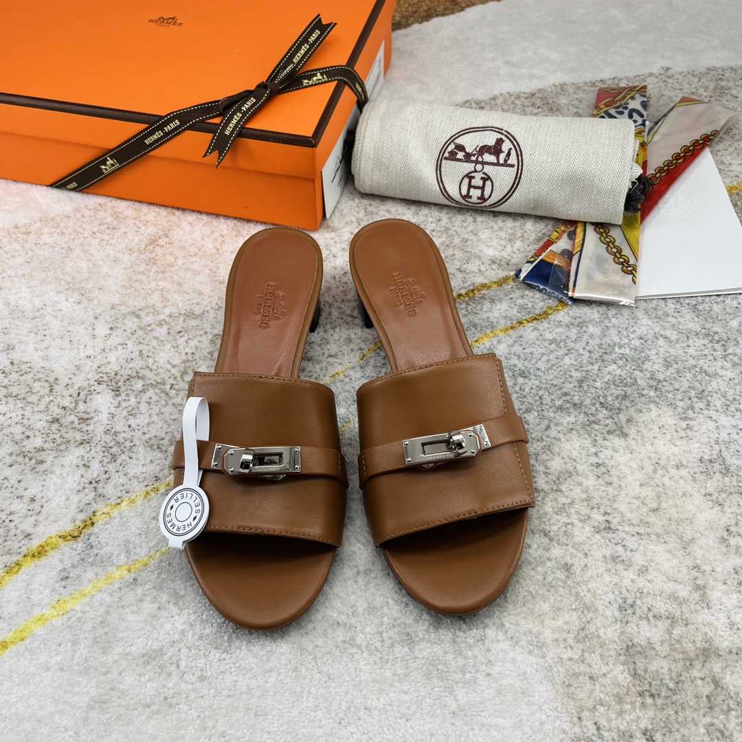 Hermes Open Toe Round Toe Casual Style Plain Leather Block Heels - DesignerGu