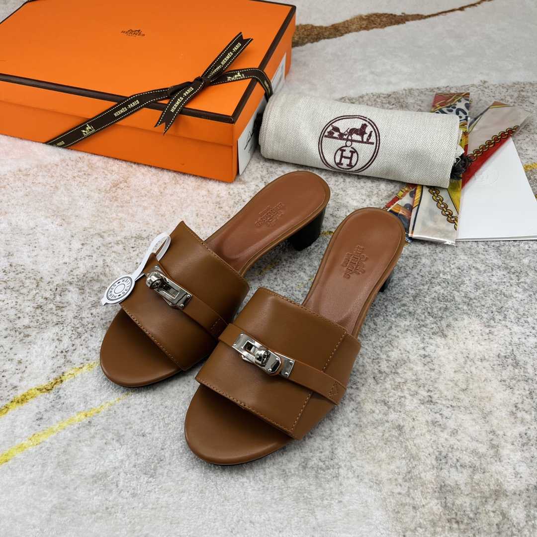 Hermes Open Toe Round Toe Casual Style Plain Leather Block Heels - DesignerGu