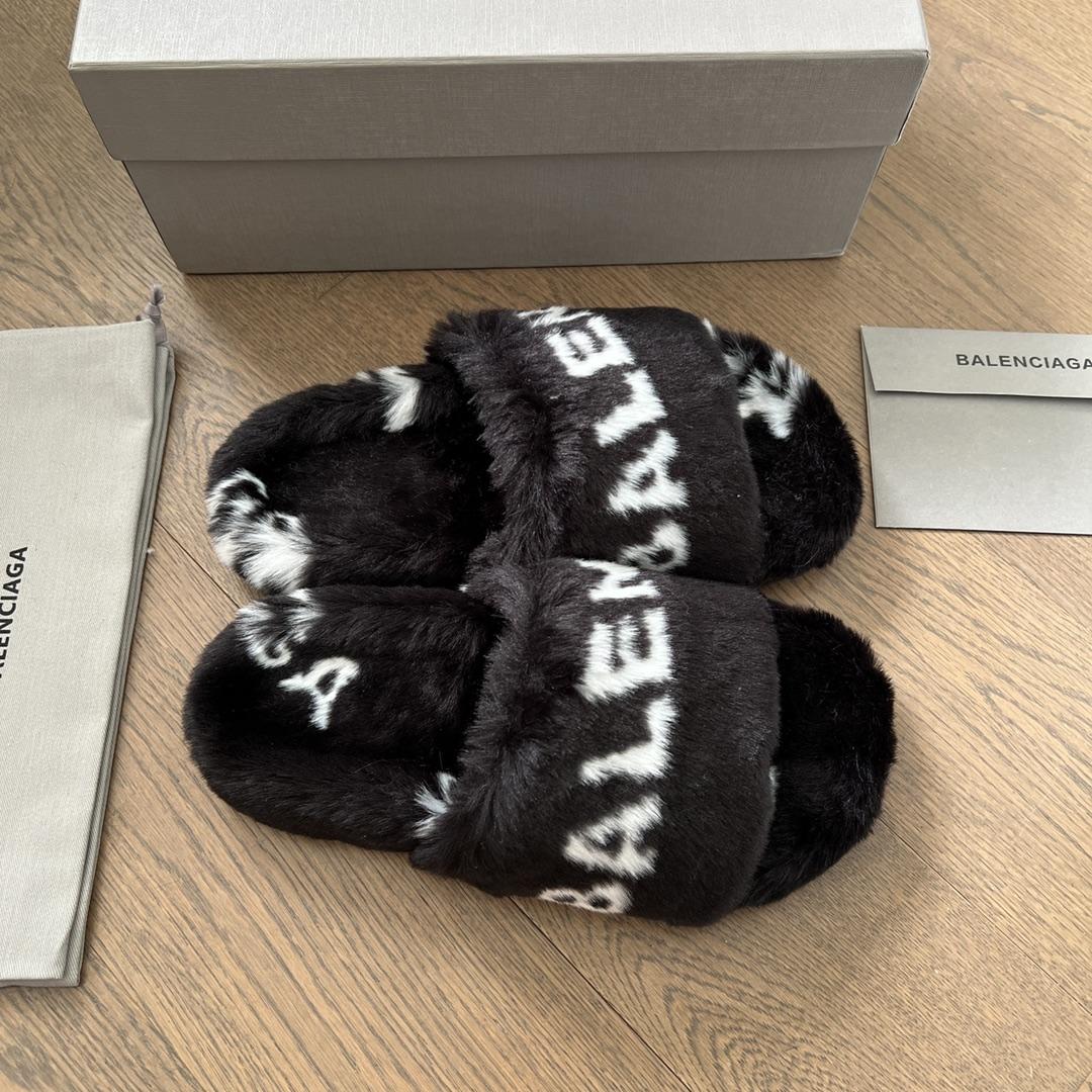 Balenciaga Faux fur Logo Slippers - DesignerGu