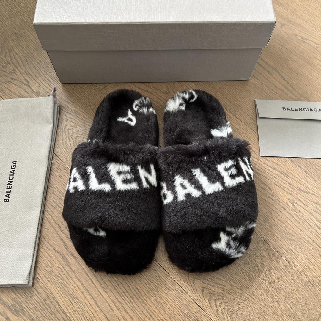 Balenciaga Faux fur Logo Slippers - DesignerGu