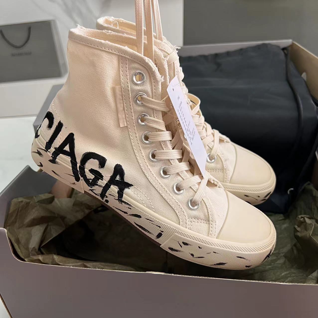 Balenciaga Paris High Top Graffiti Sneaker In White  - DesignerGu