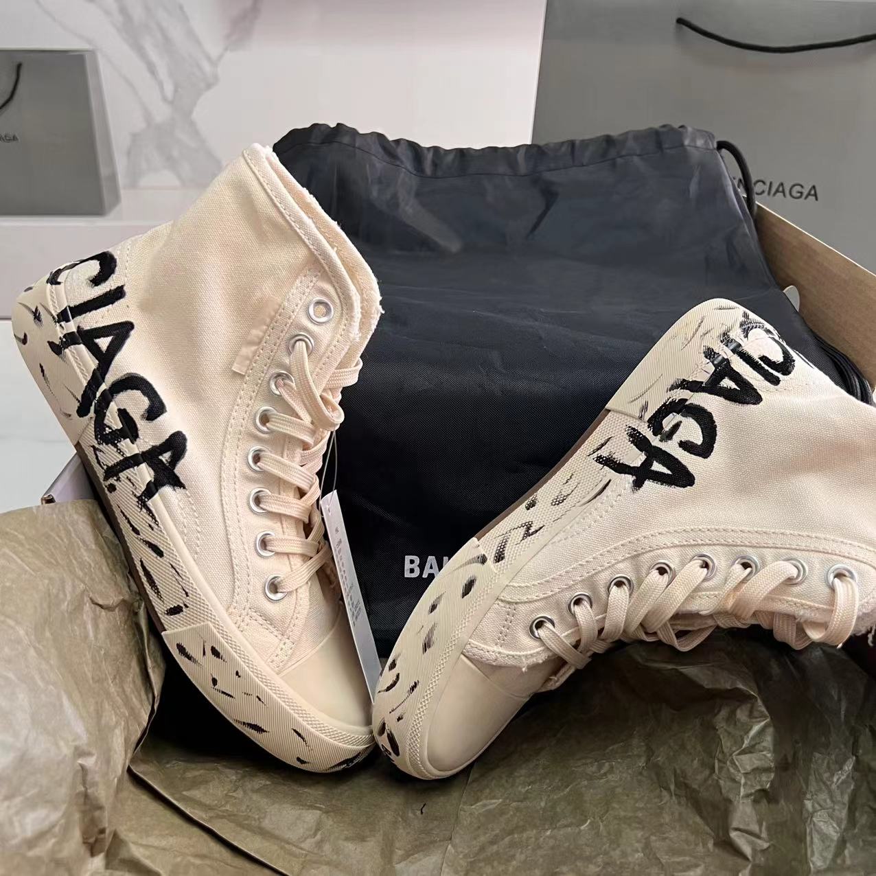 Balenciaga Paris High Top Graffiti Sneaker In White  - DesignerGu