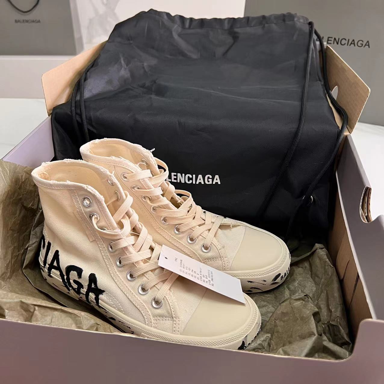 Balenciaga Paris High Top Graffiti Sneaker In White  - DesignerGu