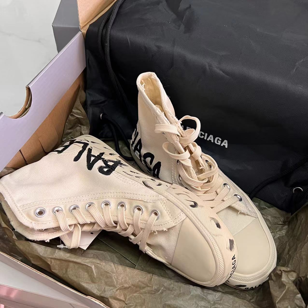 Balenciaga Paris High Top Graffiti Sneaker In White  - DesignerGu