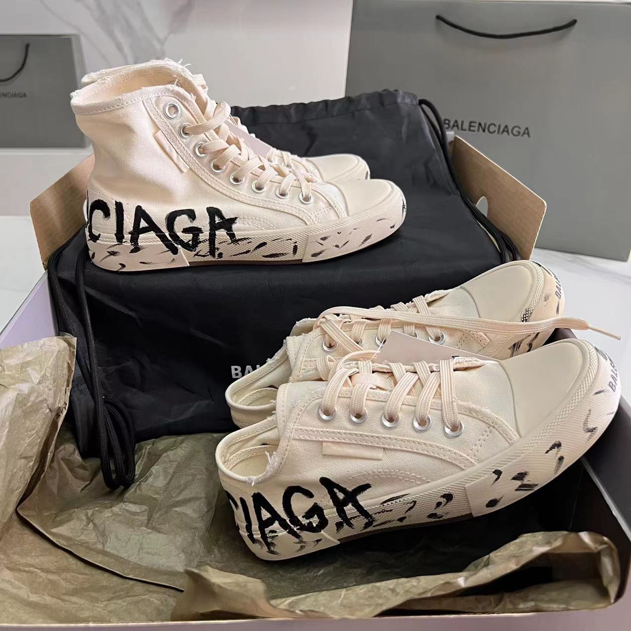 Balenciaga Paris High Top Graffiti Sneaker In White  - DesignerGu