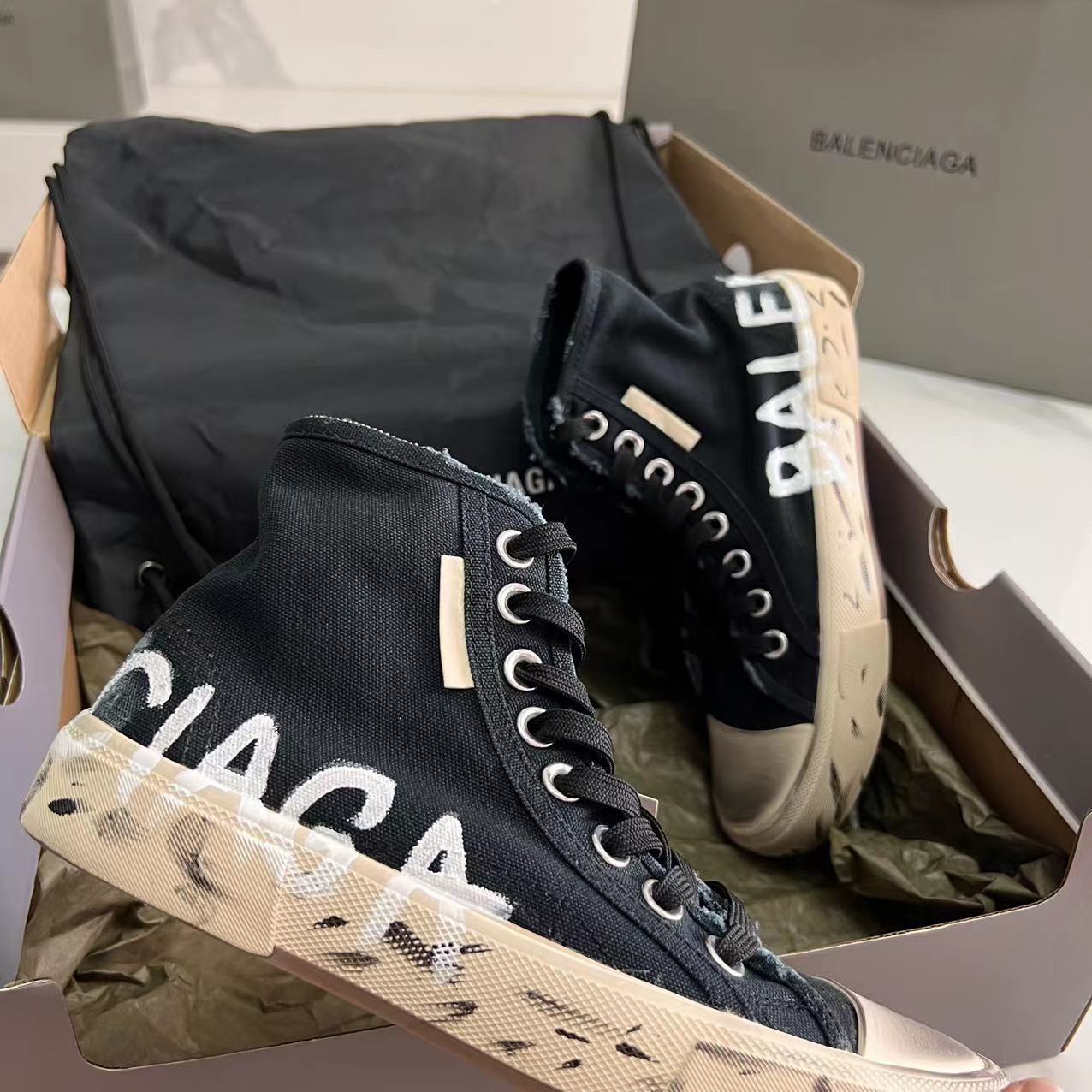 Balenciaga Paris High Top Graffiti Sneaker In Black - DesignerGu