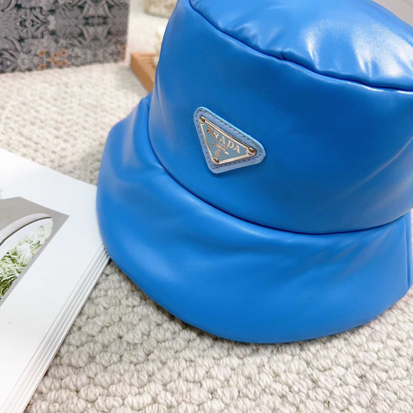 Prada Enamelled-logo Leather Bucket Hat - DesignerGu