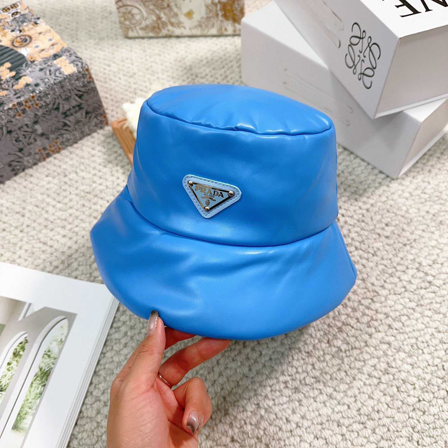 Prada Enamelled-logo Leather Bucket Hat - DesignerGu