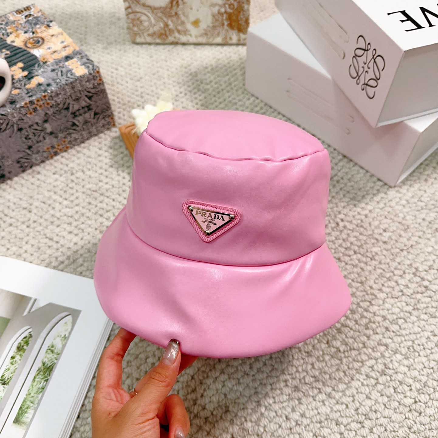 Prada Enamelled-logo Leather Bucket Hat - DesignerGu