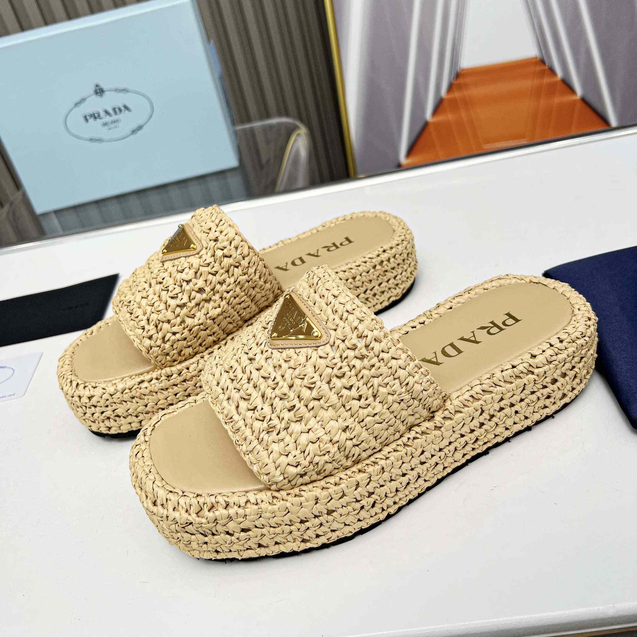 Prada Raffia Single-Band Platform Slides - DesignerGu