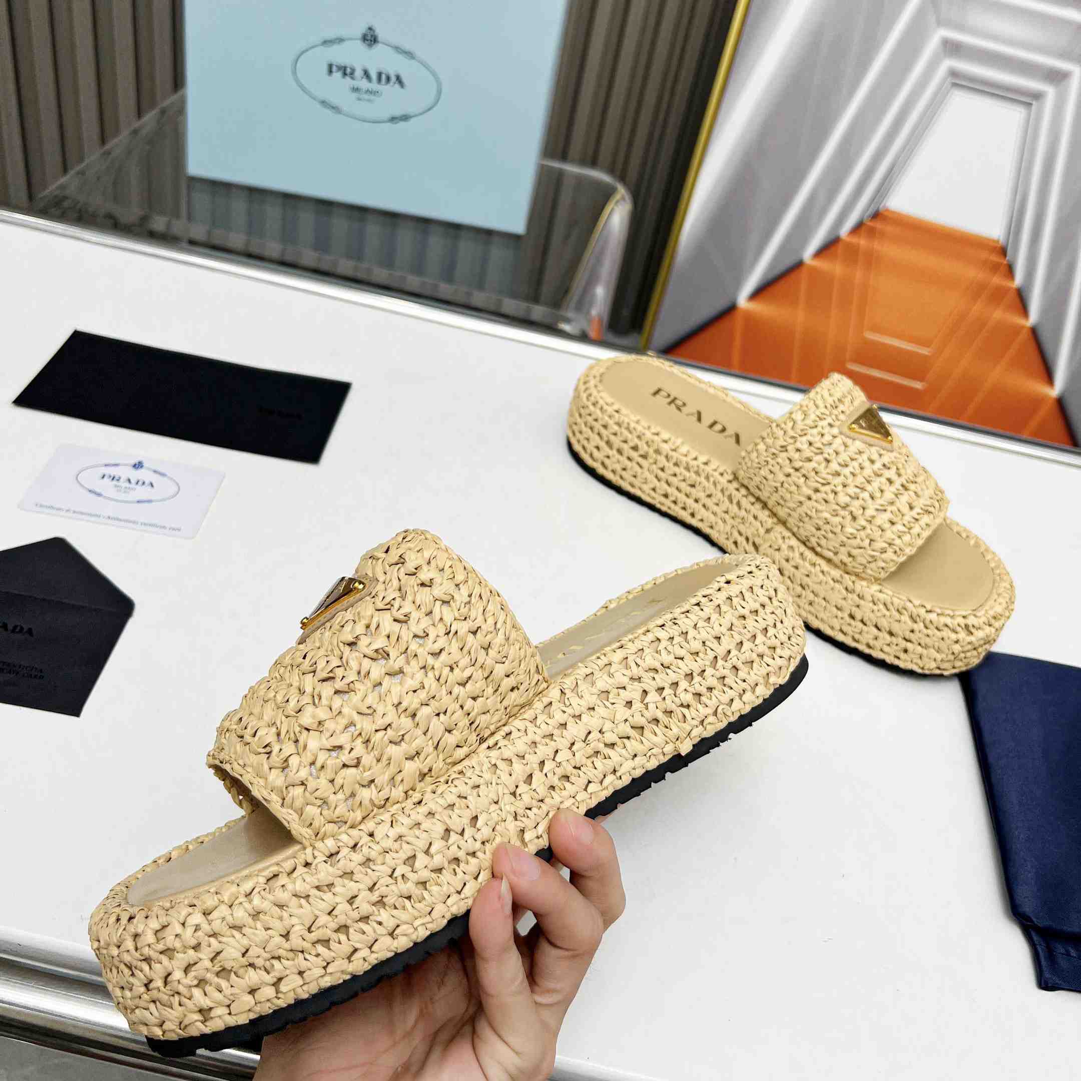 Prada Raffia Single-Band Platform Slides - DesignerGu