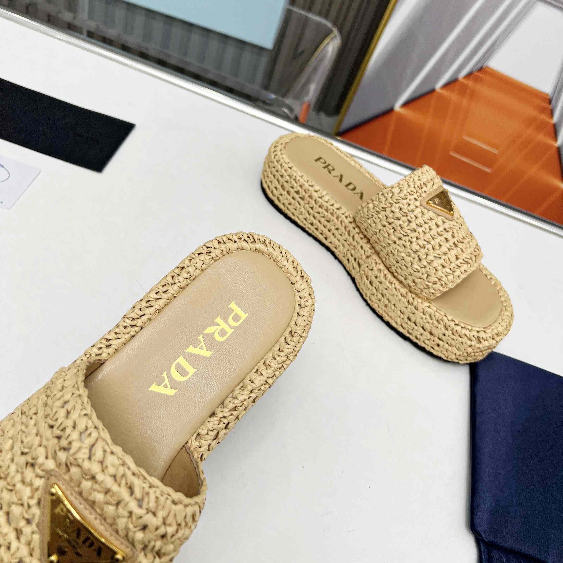 Prada Raffia Single-Band Platform Slides - DesignerGu