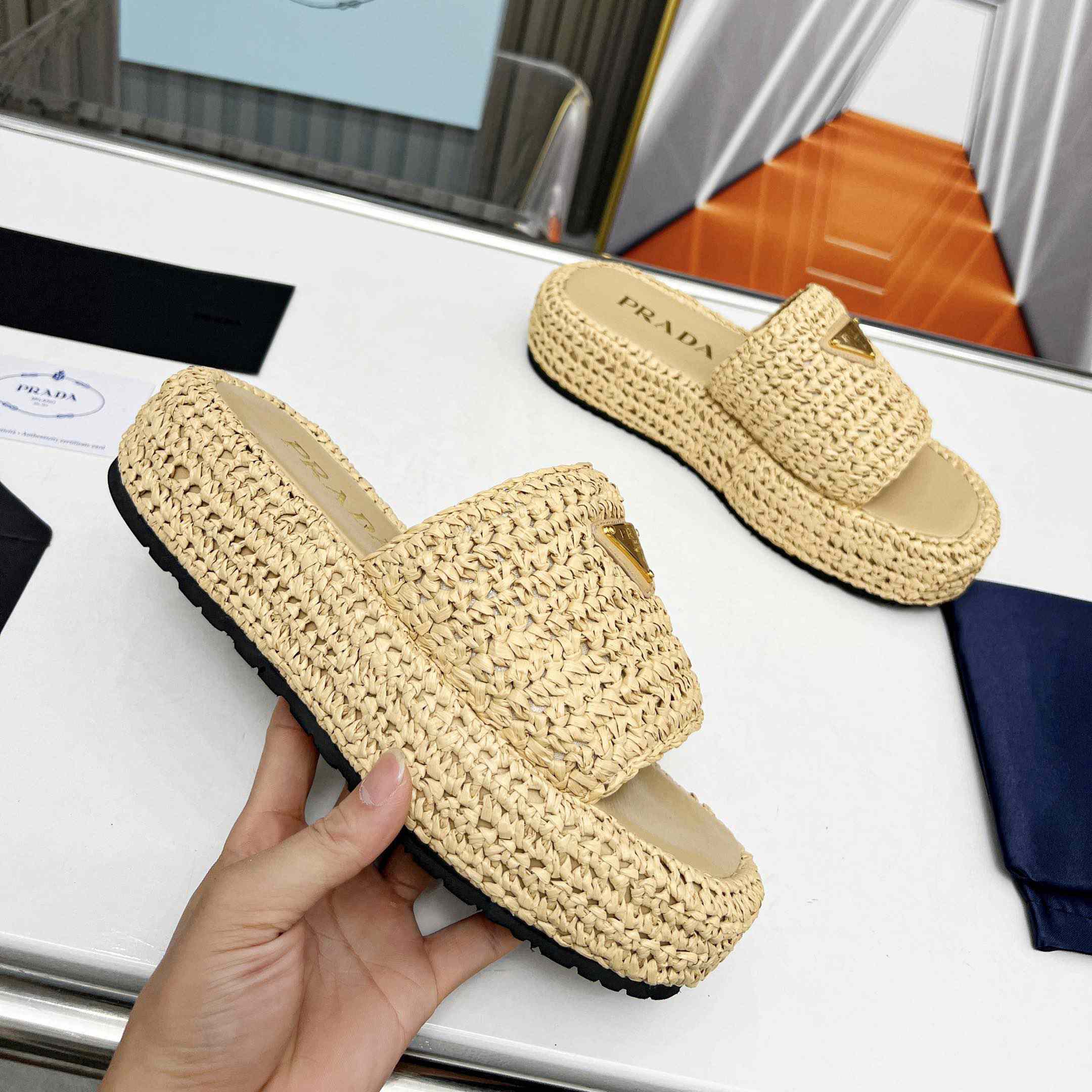 Prada Raffia Single-Band Platform Slides - DesignerGu