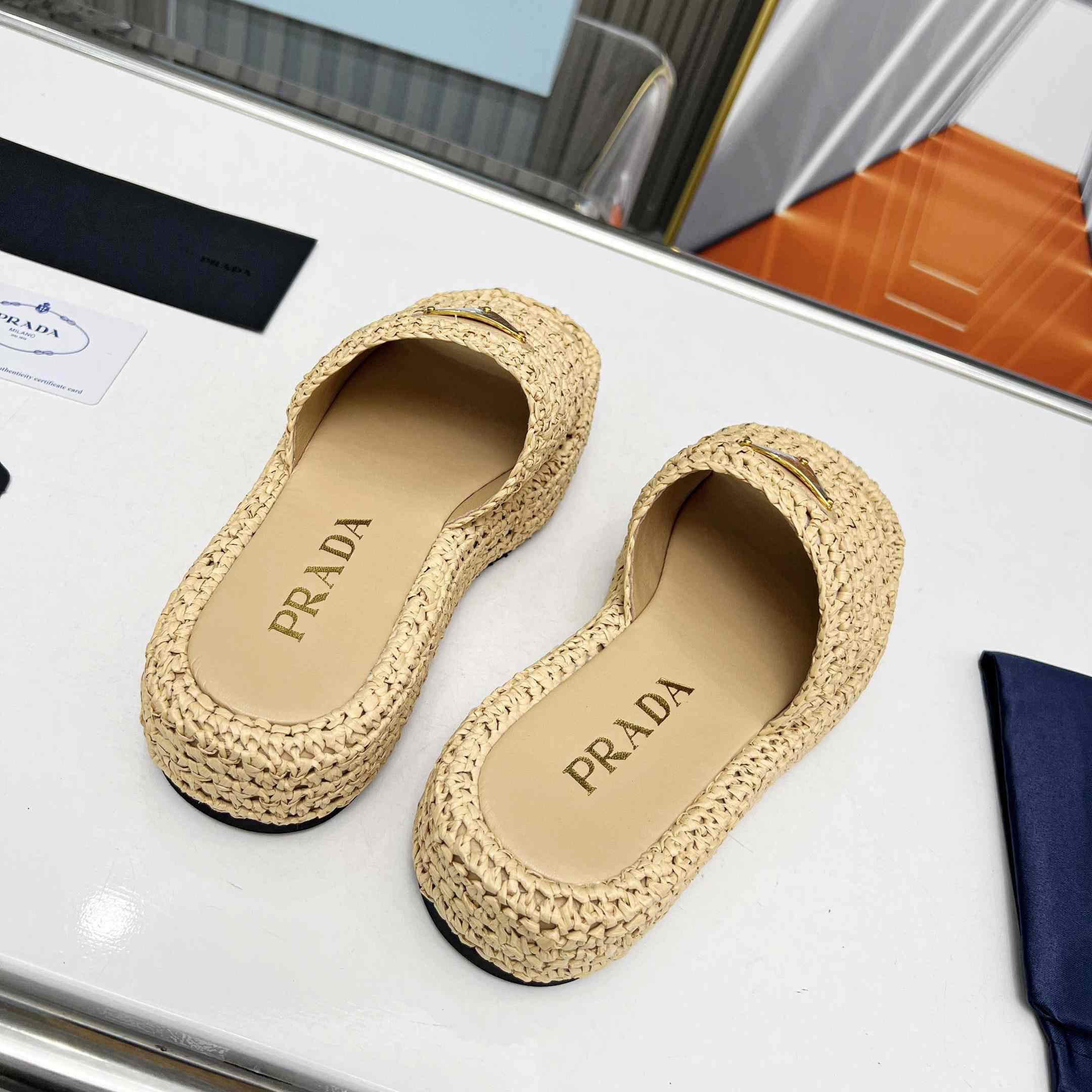 Prada Raffia Single-Band Platform Slides - DesignerGu