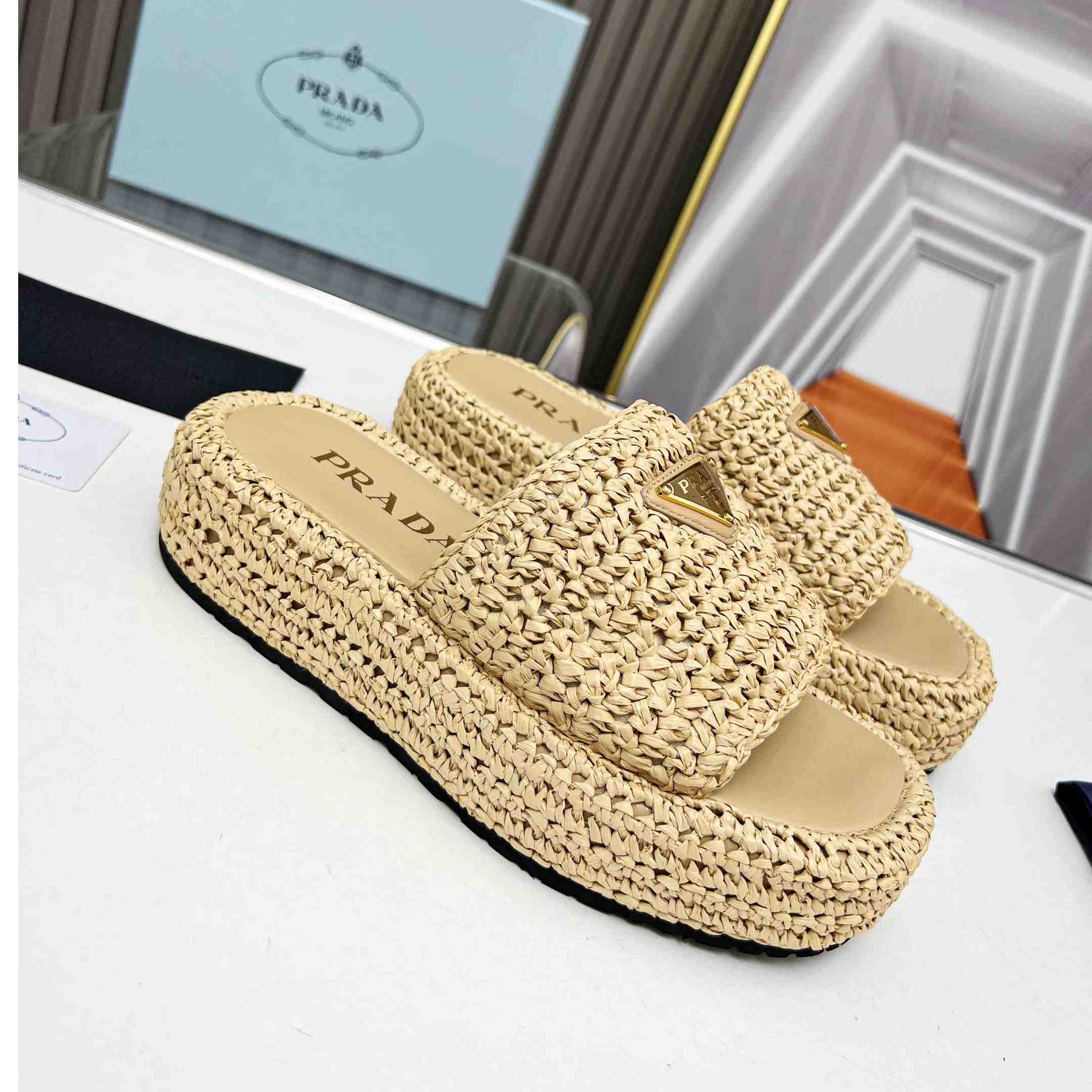 Prada Raffia Single-Band Platform Slides - DesignerGu