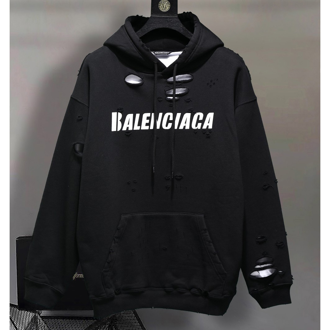 Balenciaga Destroyed Hoodie In Black And White Medium Fleece - DesignerGu