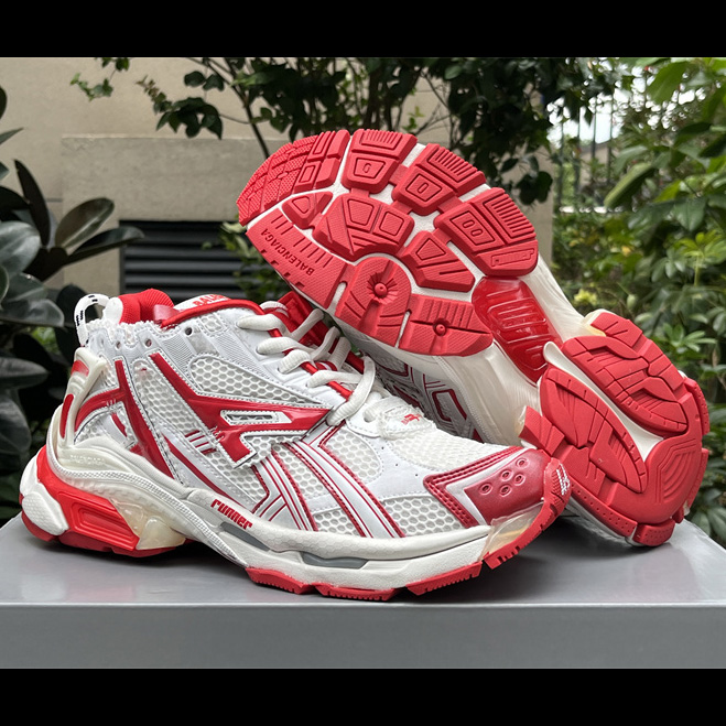 Balenciaga Runner Sneaker In White And Red Mesh And Nylon - DesignerGu