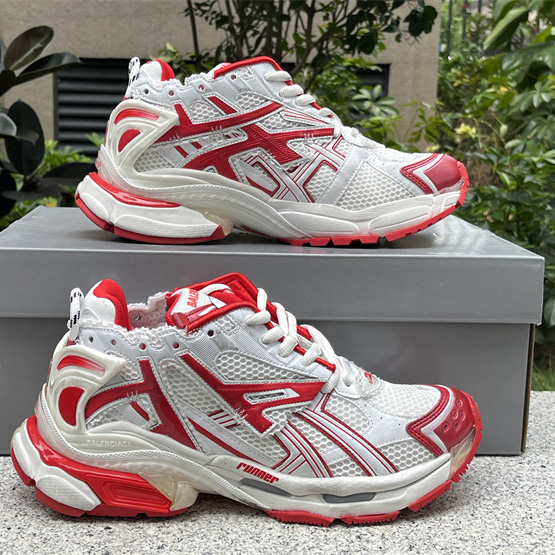 Balenciaga Runner Sneaker In White And Red Mesh And Nylon - DesignerGu