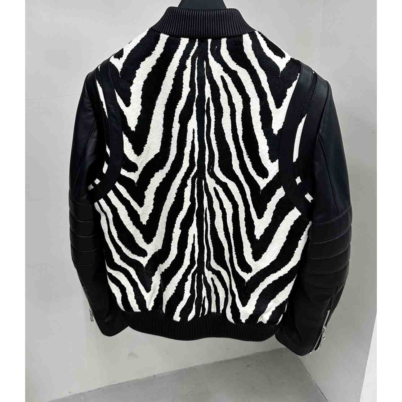 Balmain Zebra Pattern Leather Bomber Jacket - DesignerGu