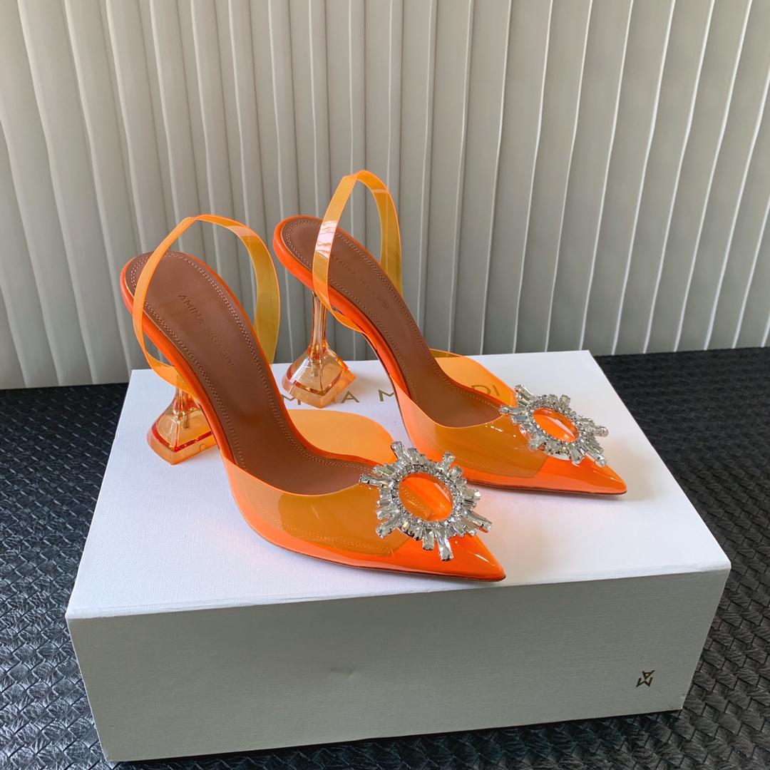 Amina Muaddi Begum Glass Orange Slingbacks - DesignerGu