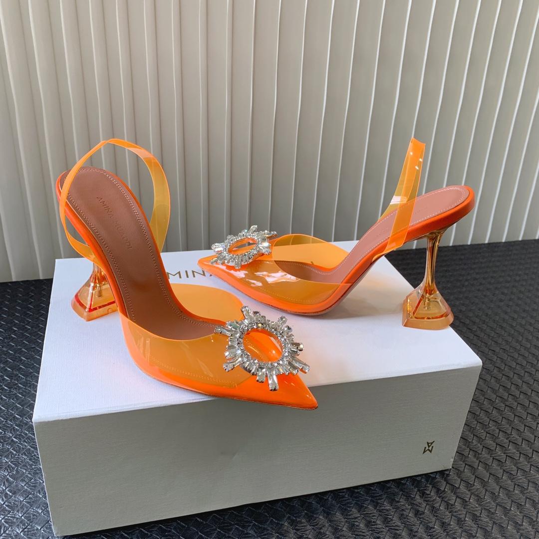 Amina Muaddi Begum Glass Orange Slingbacks - DesignerGu