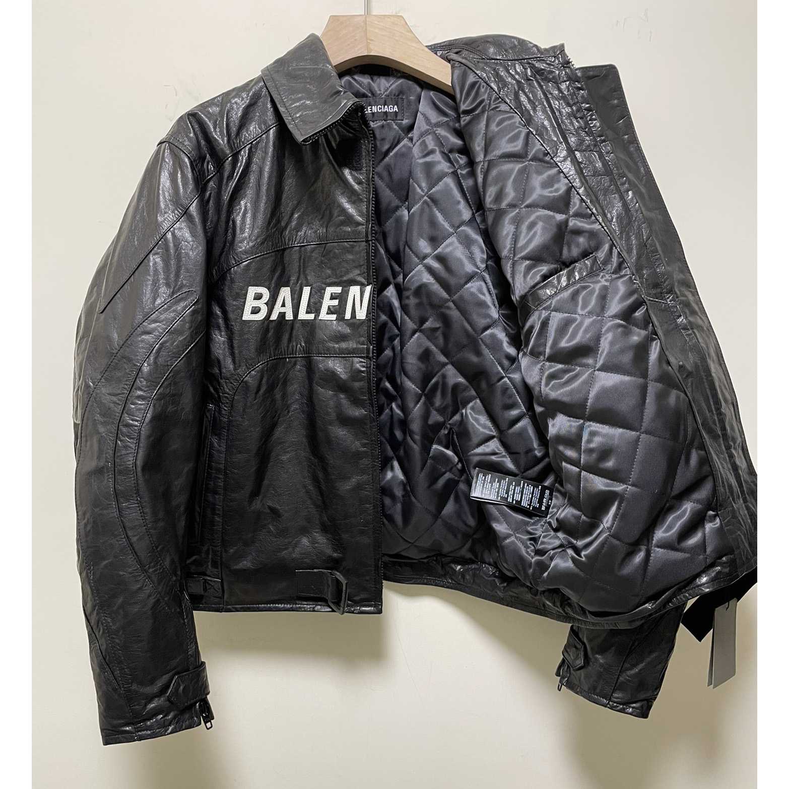 Balenciaga Contrast Logo Leather Moto Jacket - DesignerGu