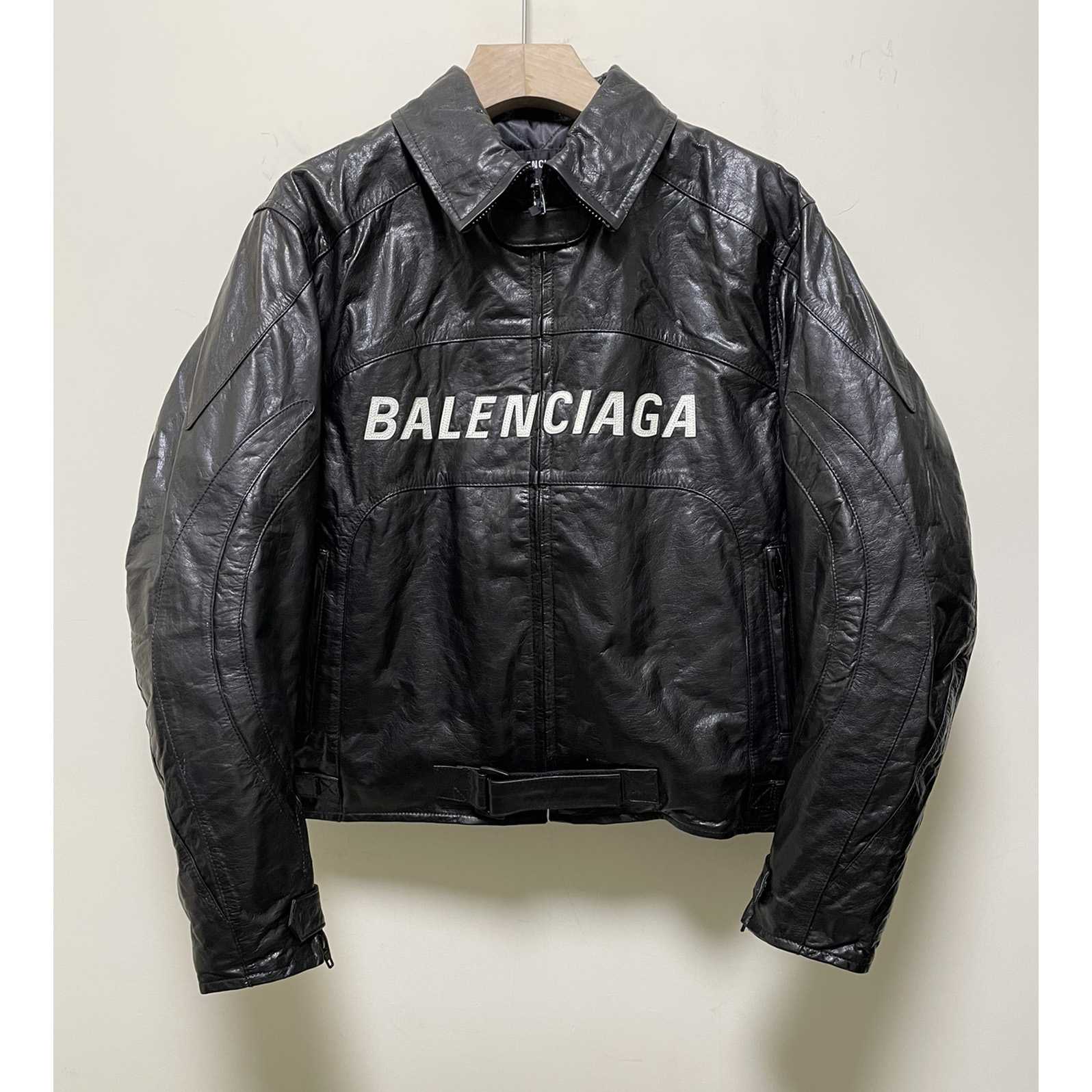 Balenciaga Contrast Logo Leather Moto Jacket - DesignerGu