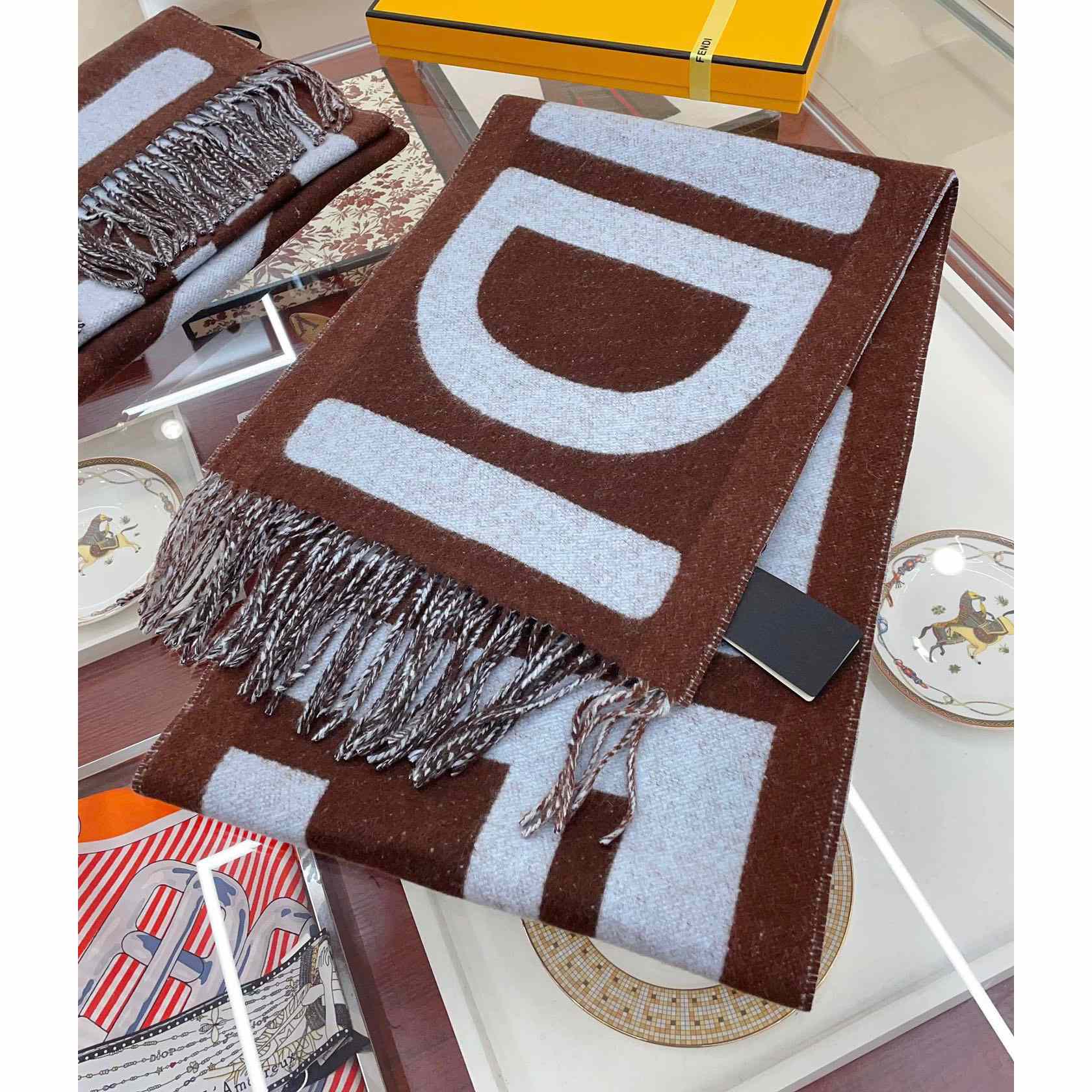 Fendi Brown And Light Blue Wool Scarf  - DesignerGu