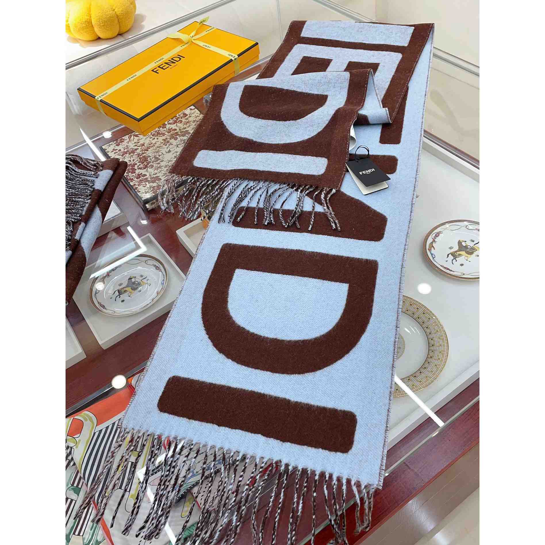 Fendi Brown And Light Blue Wool Scarf  - DesignerGu