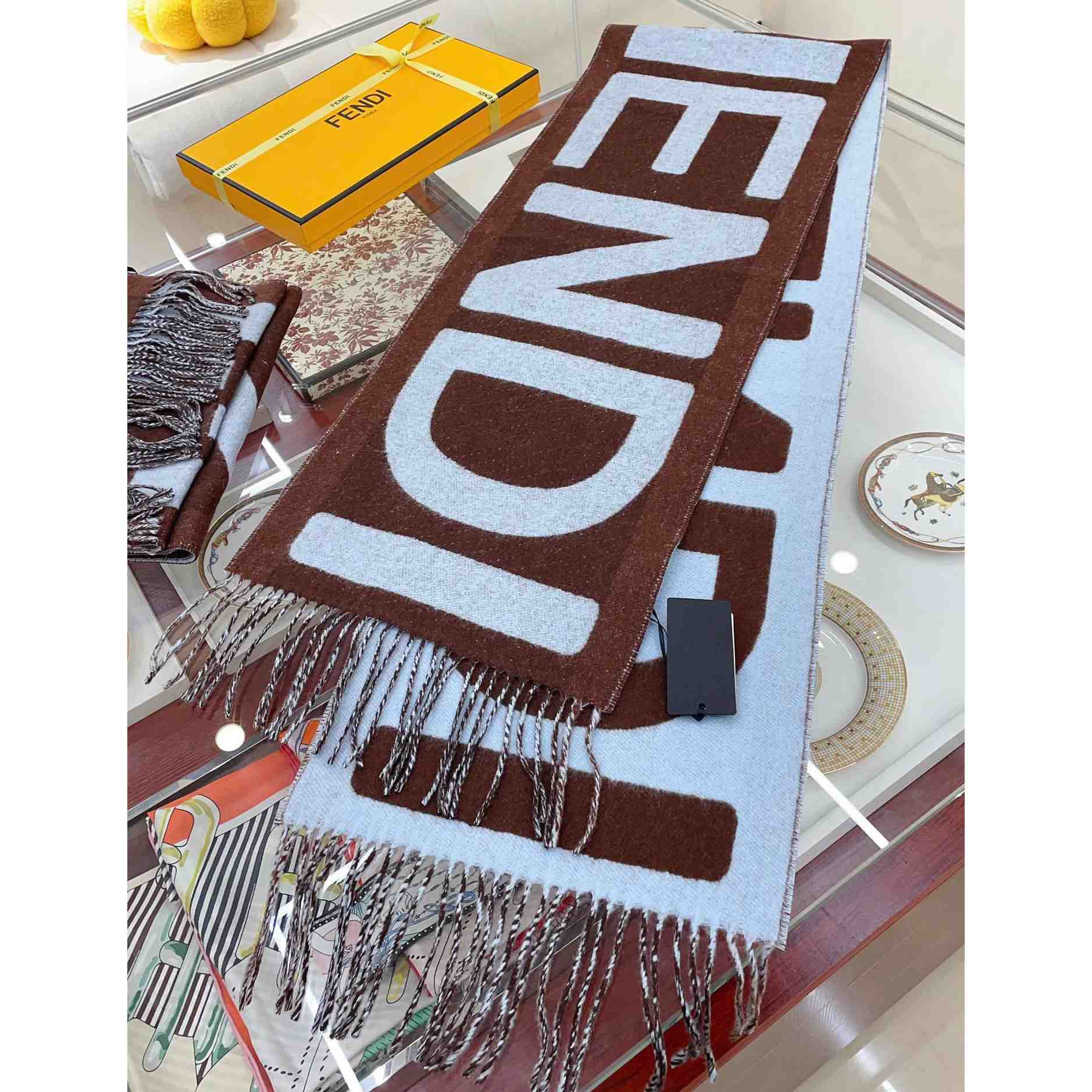 Fendi Brown And Light Blue Wool Scarf  - DesignerGu