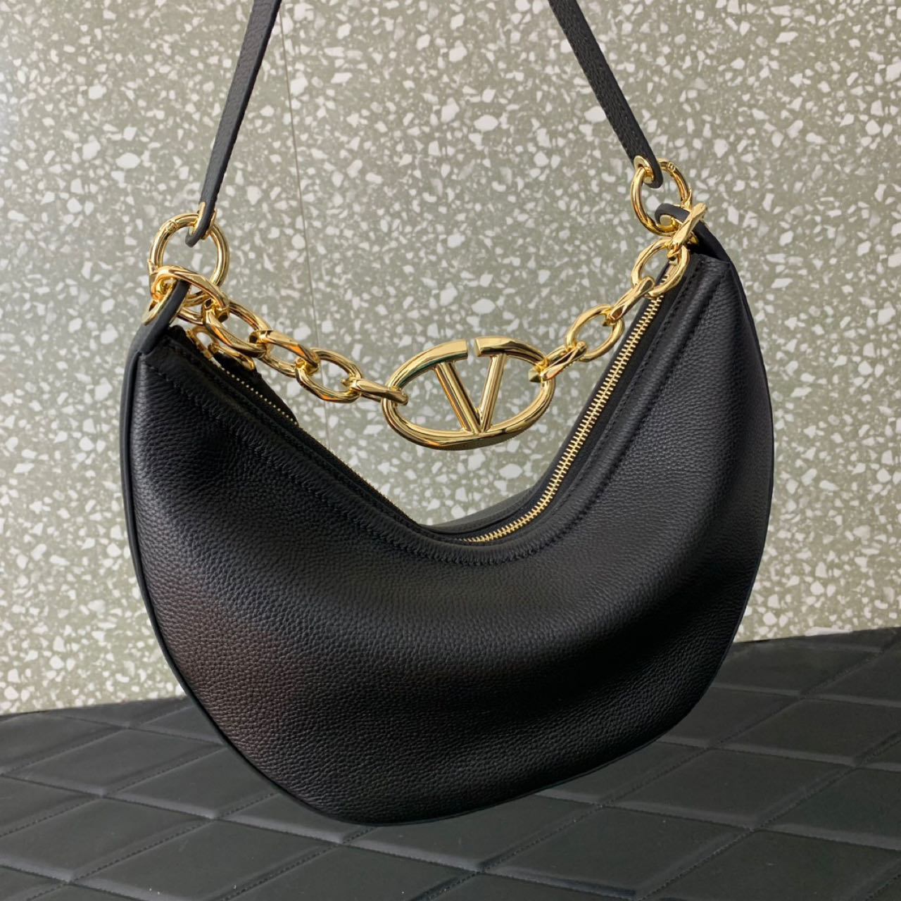 Valenti Small VLogo Moon Hobo Bag In Leather With Chain  - DesignerGu