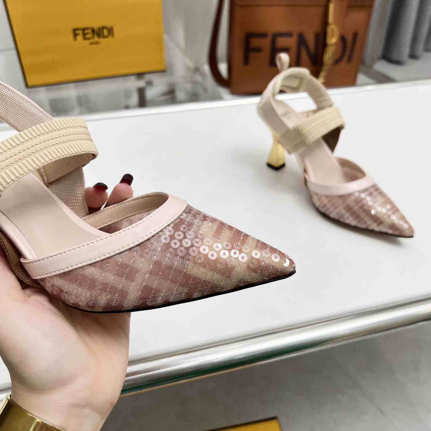 Fendi Colibrì Pink Mesh Medium-heeled Slingbacks - DesignerGu