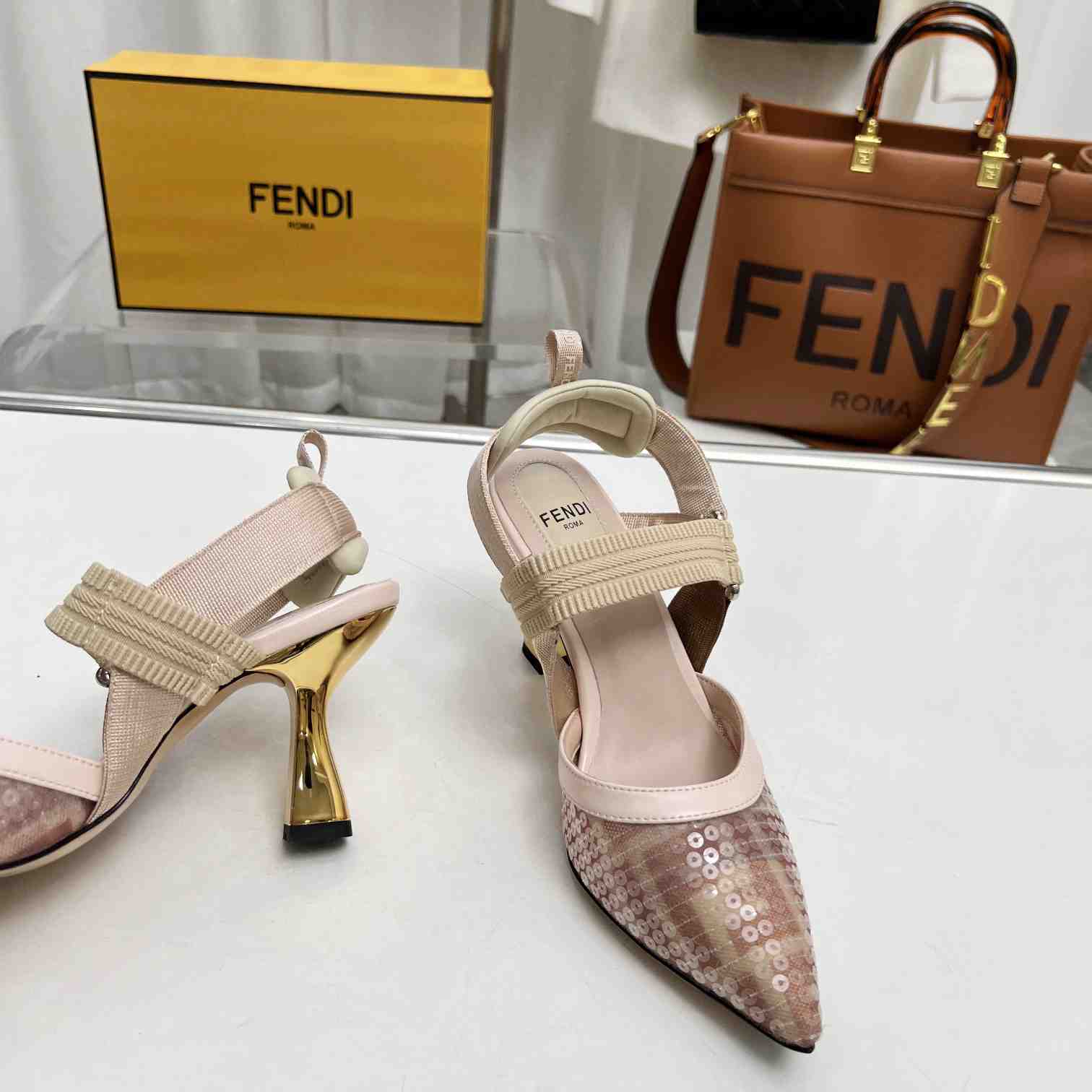 Fendi Colibrì Pink Mesh Medium-heeled Slingbacks - DesignerGu