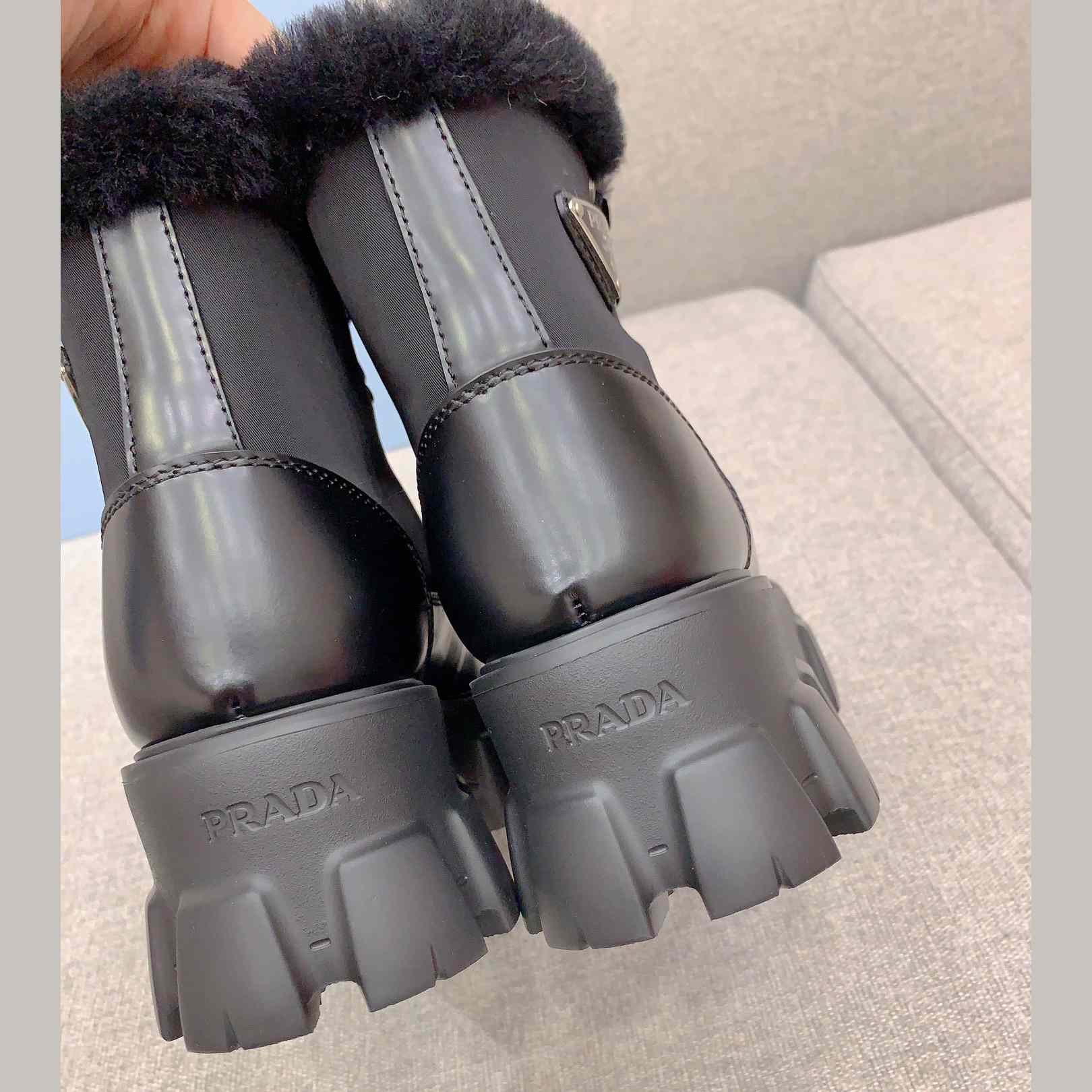 Prada Monolith Leather And Nylon Booties - DesignerGu