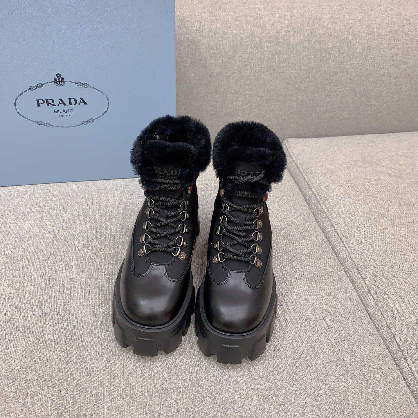 Prada Monolith Leather And Nylon Booties - DesignerGu