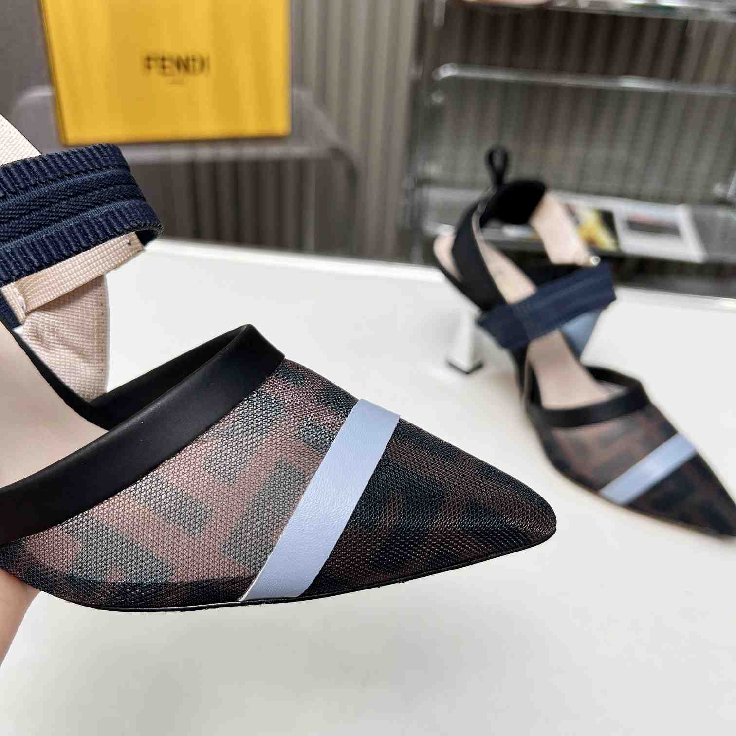 Fendi Colibrì Blue Mesh High-heeled Slingbacks - DesignerGu