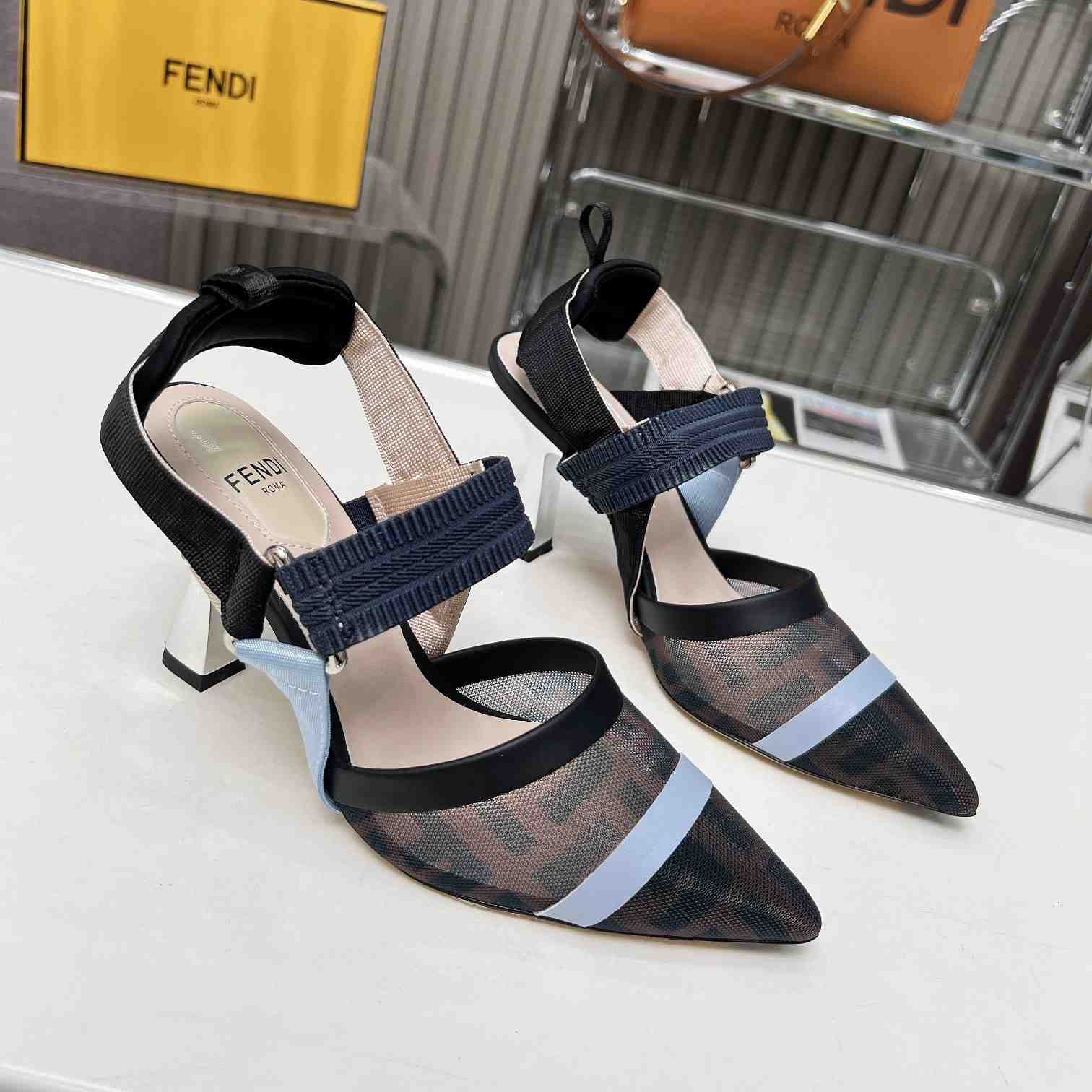 Fendi Colibrì Blue Mesh High-heeled Slingbacks - DesignerGu
