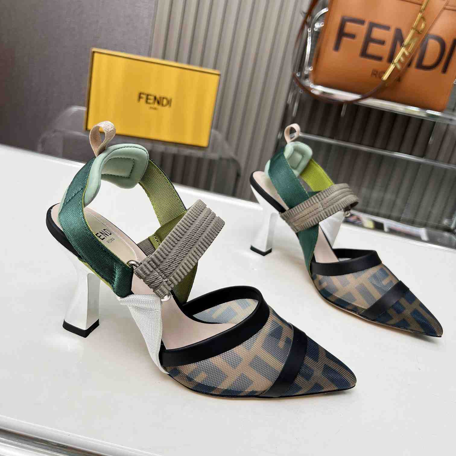 Fendi Colibrì Brown Mesh High-heeled Slingbacks - DesignerGu